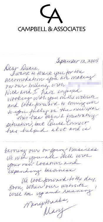 Cambell and Associates testimonial note