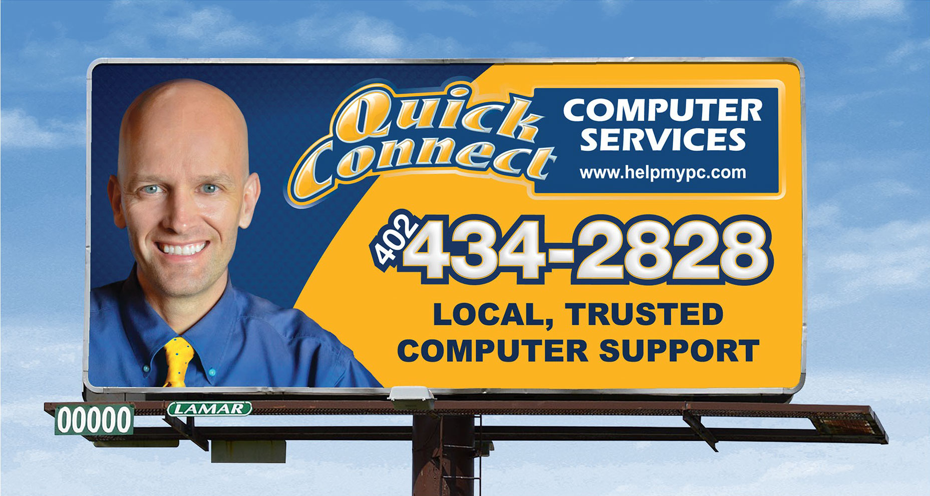 Quick Connect Computer Services billboard featuring Owner and CEO Kristan Yoder promoting local, trusted computer support.